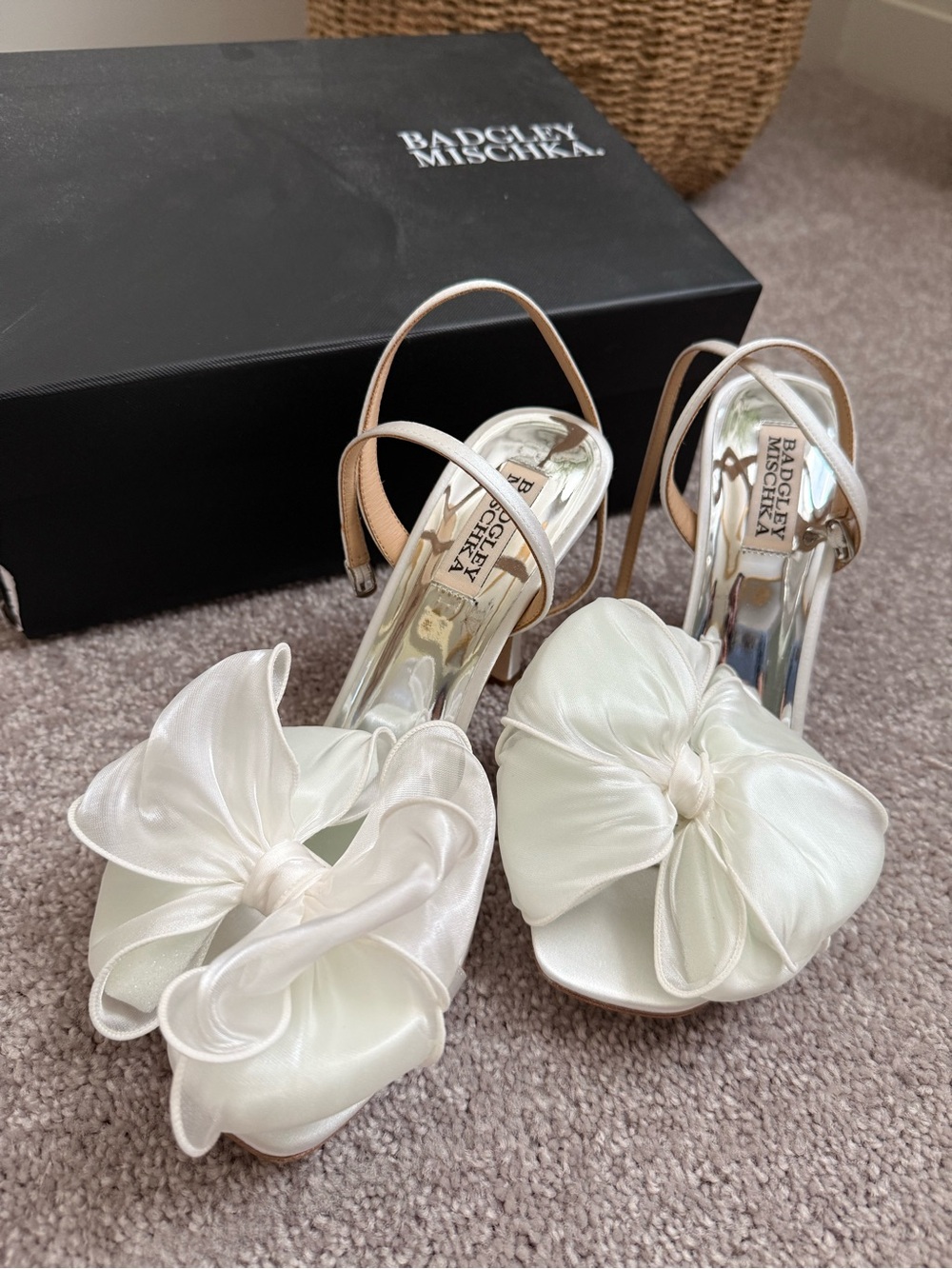 Badgley Mischka Ivory Satin Floral Slingback Heels with Bow Accents